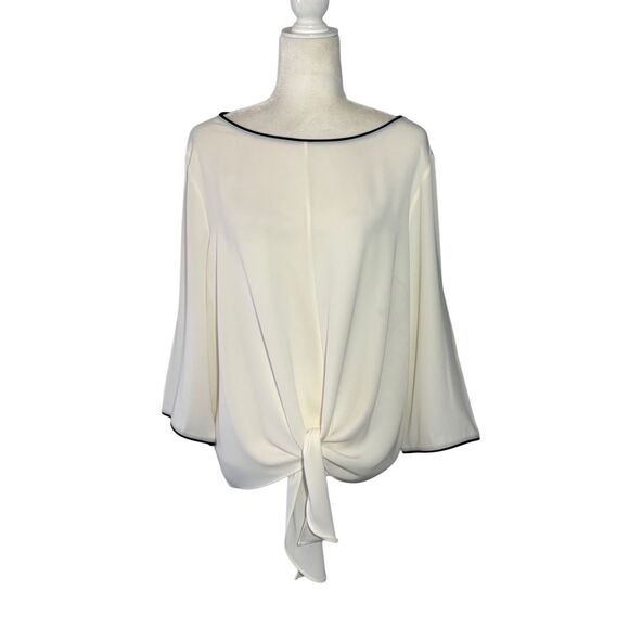 NWT Ann Taylor cream colored tie front blouse with black trim - XL - Picture 1 of 7